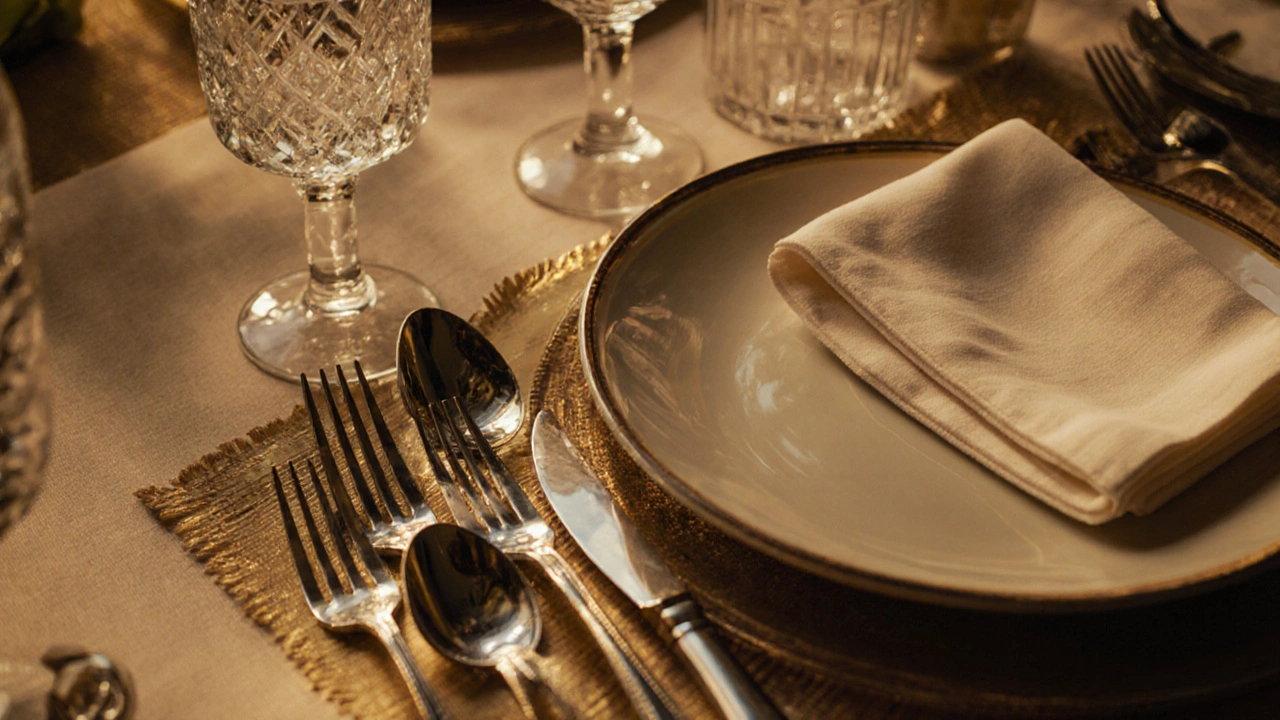 Formal place setting with multiple utensils arranged in order on a dining table.