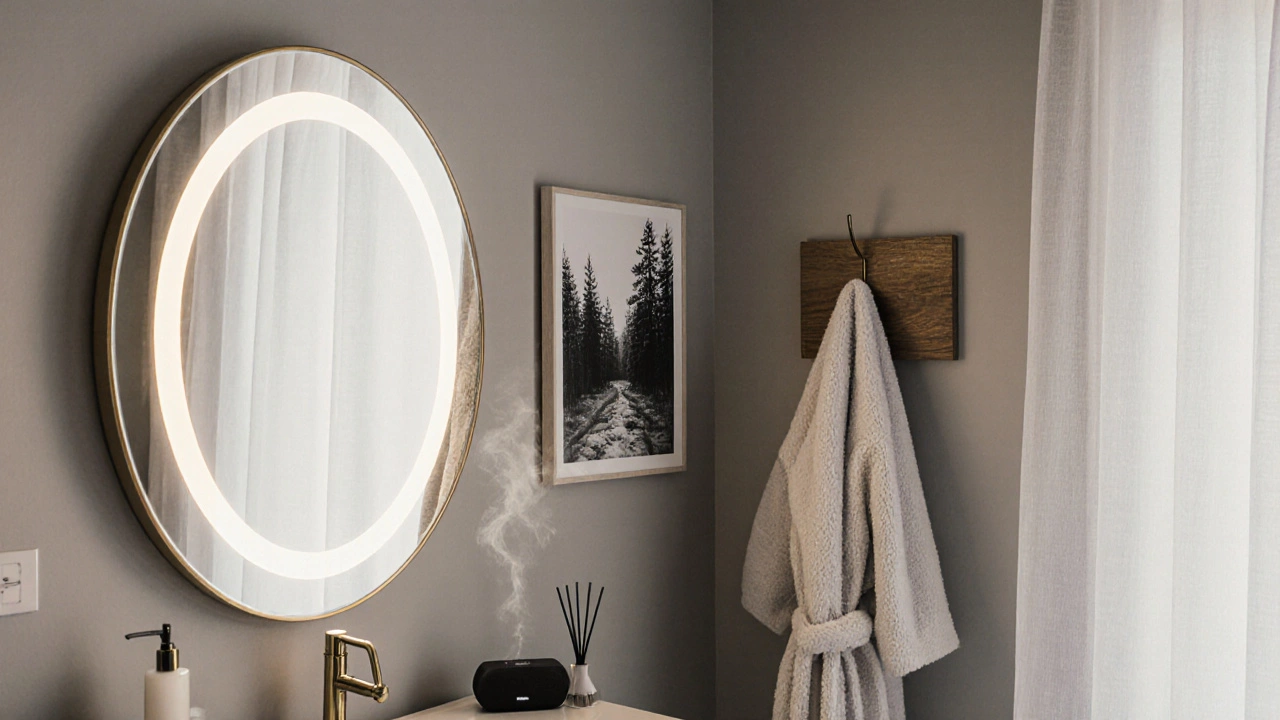 Framed mirror with glowing edge and forest art print, robe hanging nearby with diffuser and speaker.