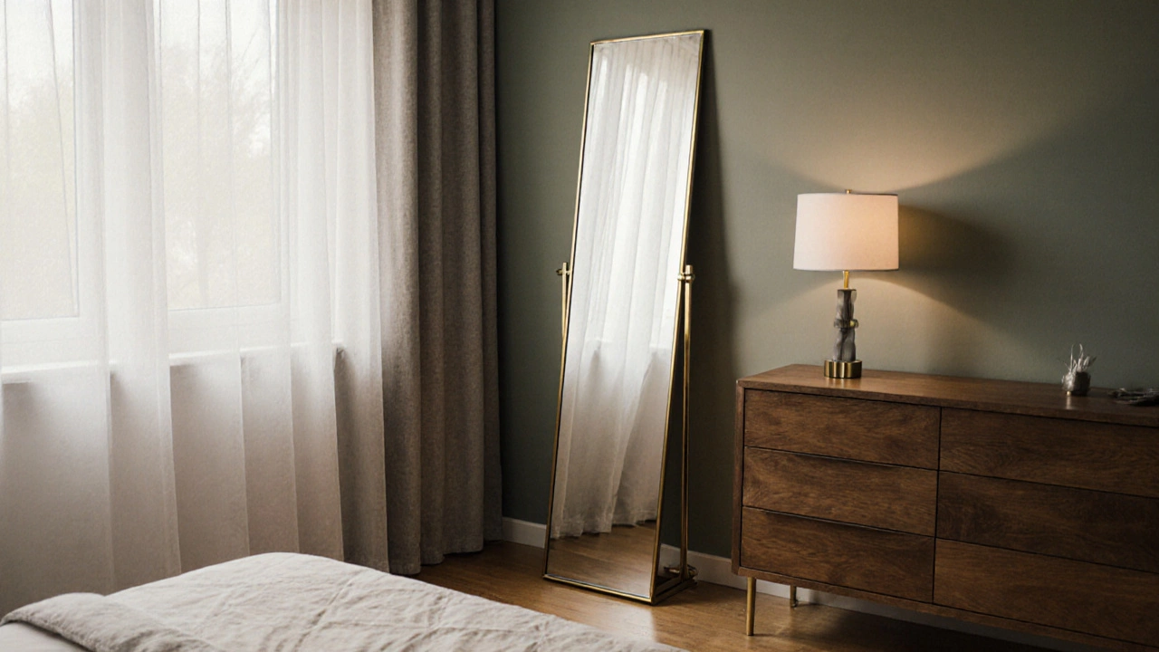 Full-length rectangular mirror in bedroom reflecting lamp and window, mounted on brass pivot.