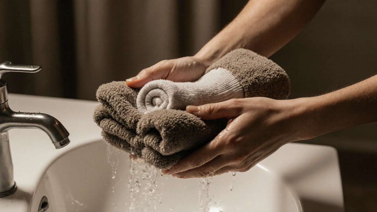 Hands holding a weighted towel with water droplets, warm light reflecting off a sink.