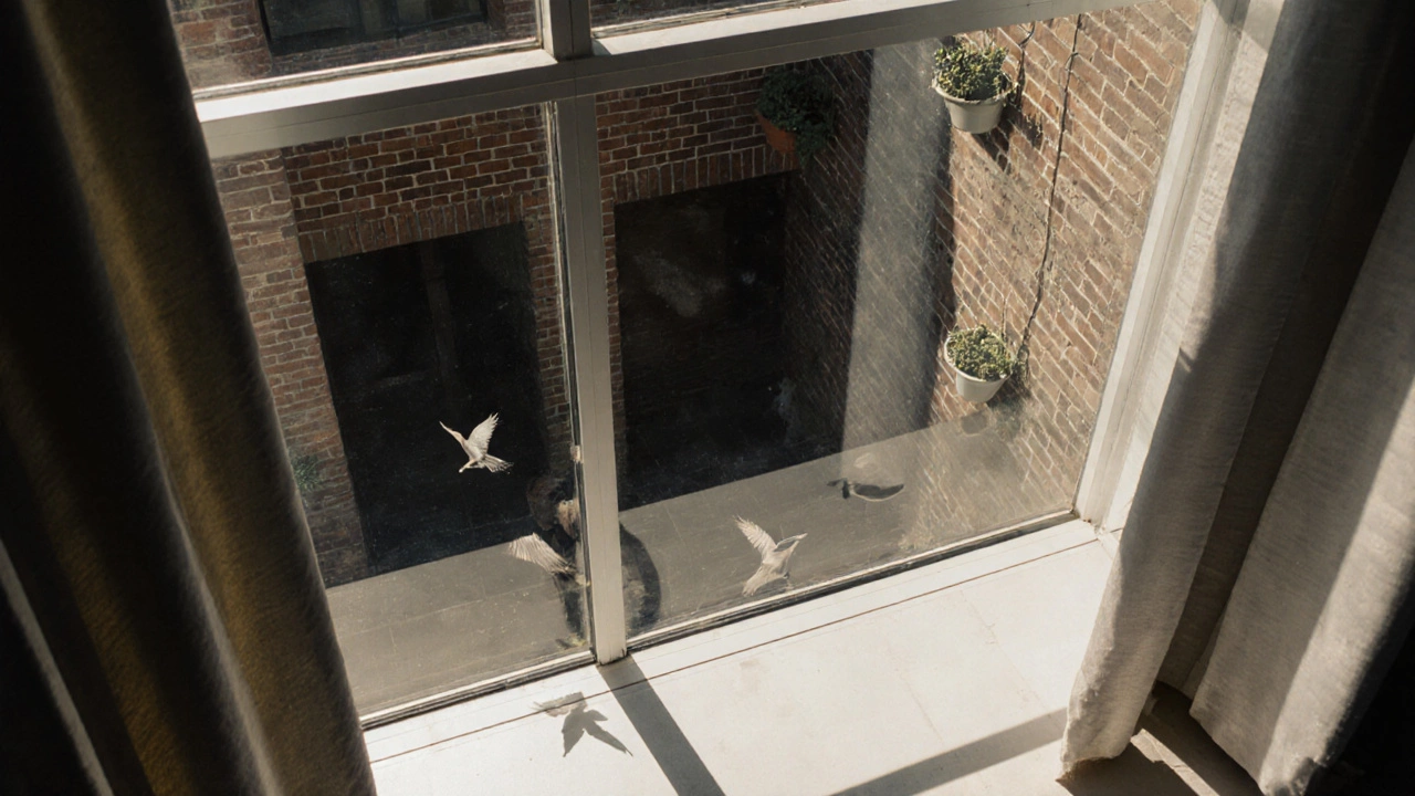 High-rise apartment window facing a quiet courtyard, bare glass highlighting birds and greenery without any window coverings.