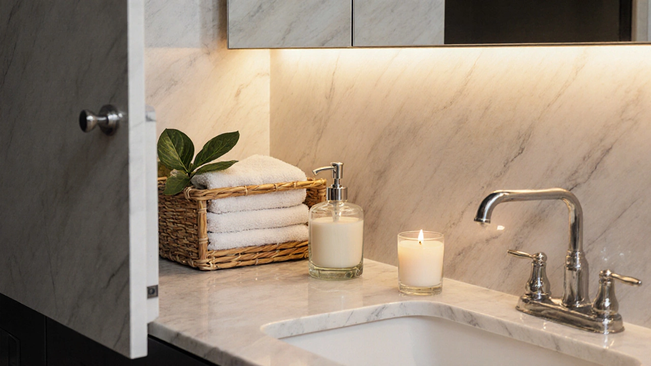 Luxury vanity with hidden LED lighting, woven baskets, and soap dispenser in a clean, clutter-free setting.
