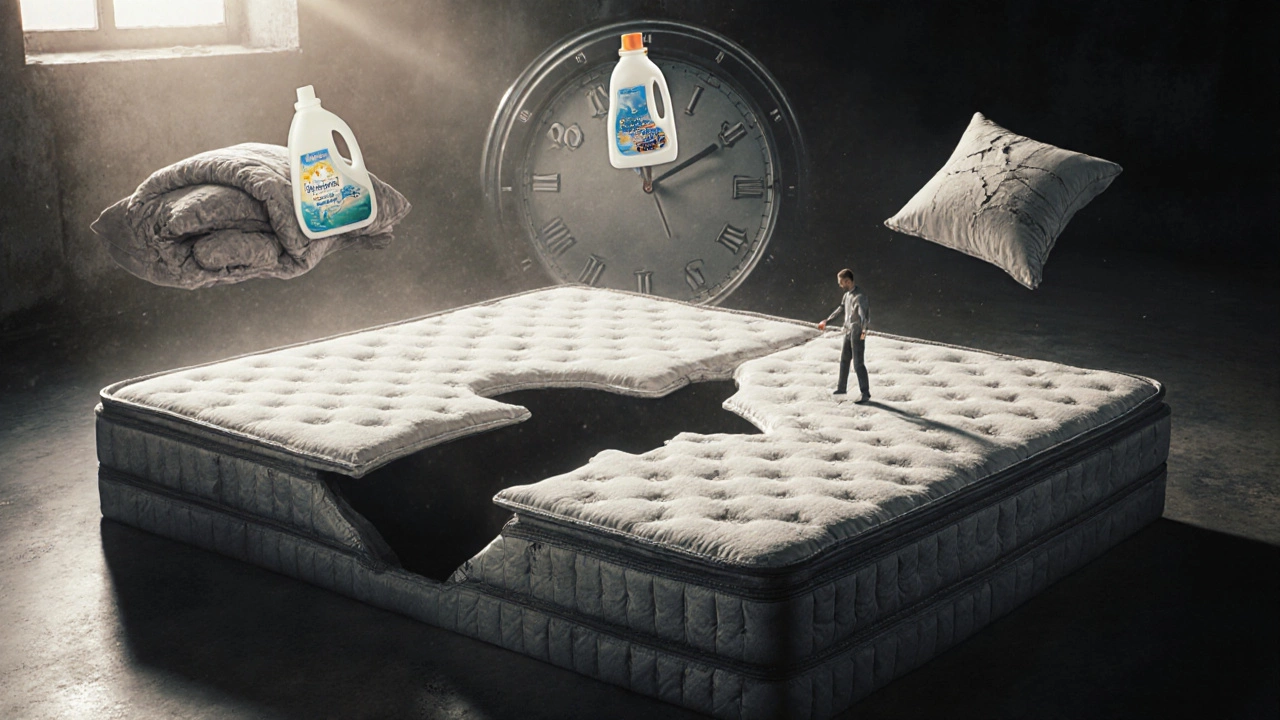 Mattress sinking from body pressure as someone rotates it, surrounded by symbols of bad bedding habits.