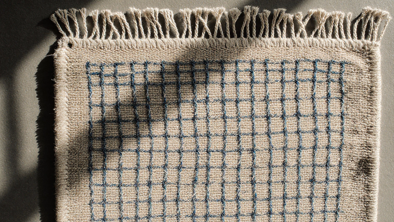 Reverse side of a hand-knotted rug with even knots and natural cotton backing.