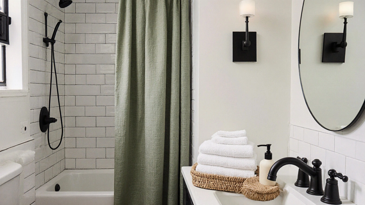 Sage green shower curtain and linen towels in a bright, clutter-free bathroom with wall sconces.