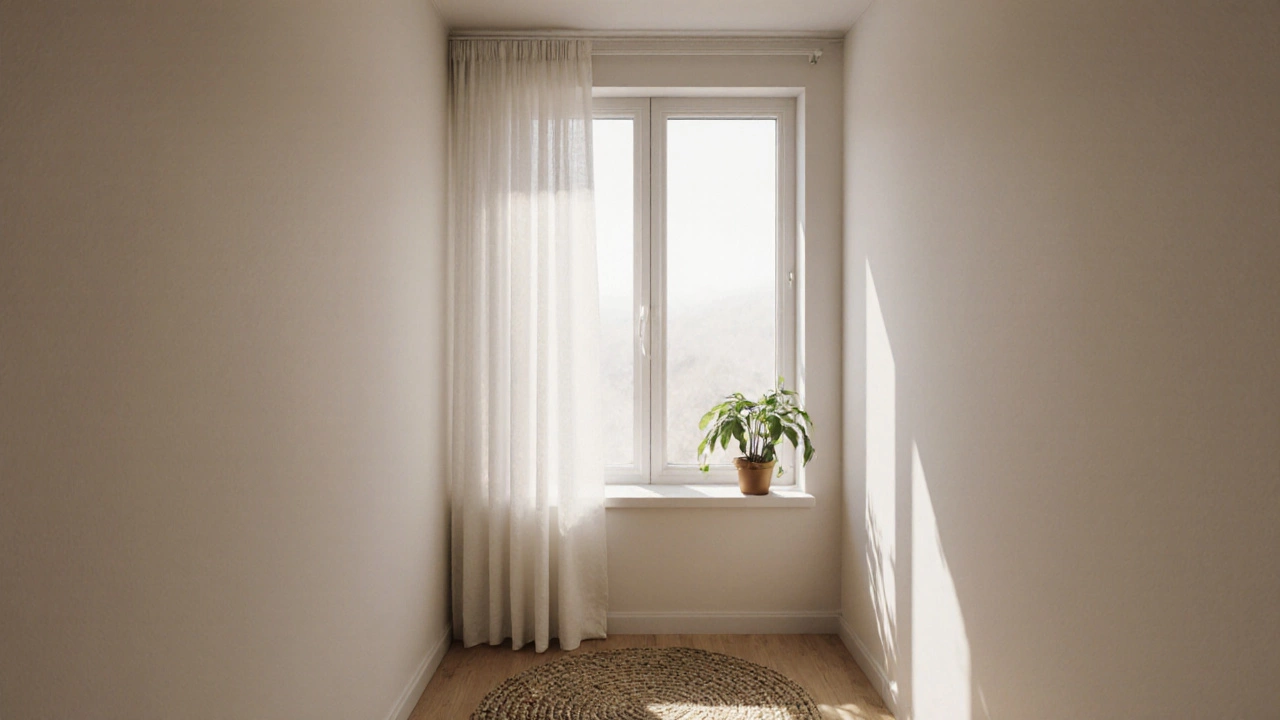 Small apartment room with a bare window that enhances the sense of space, illuminated by soft daylight and paired with a single plant.