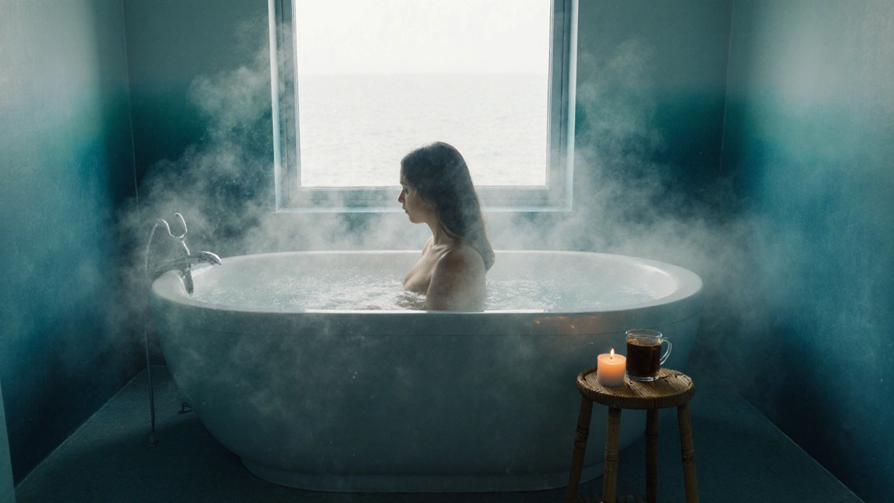 Someone relaxing in a bathtub surrounded by misty blue-green walls and a flickering candle.