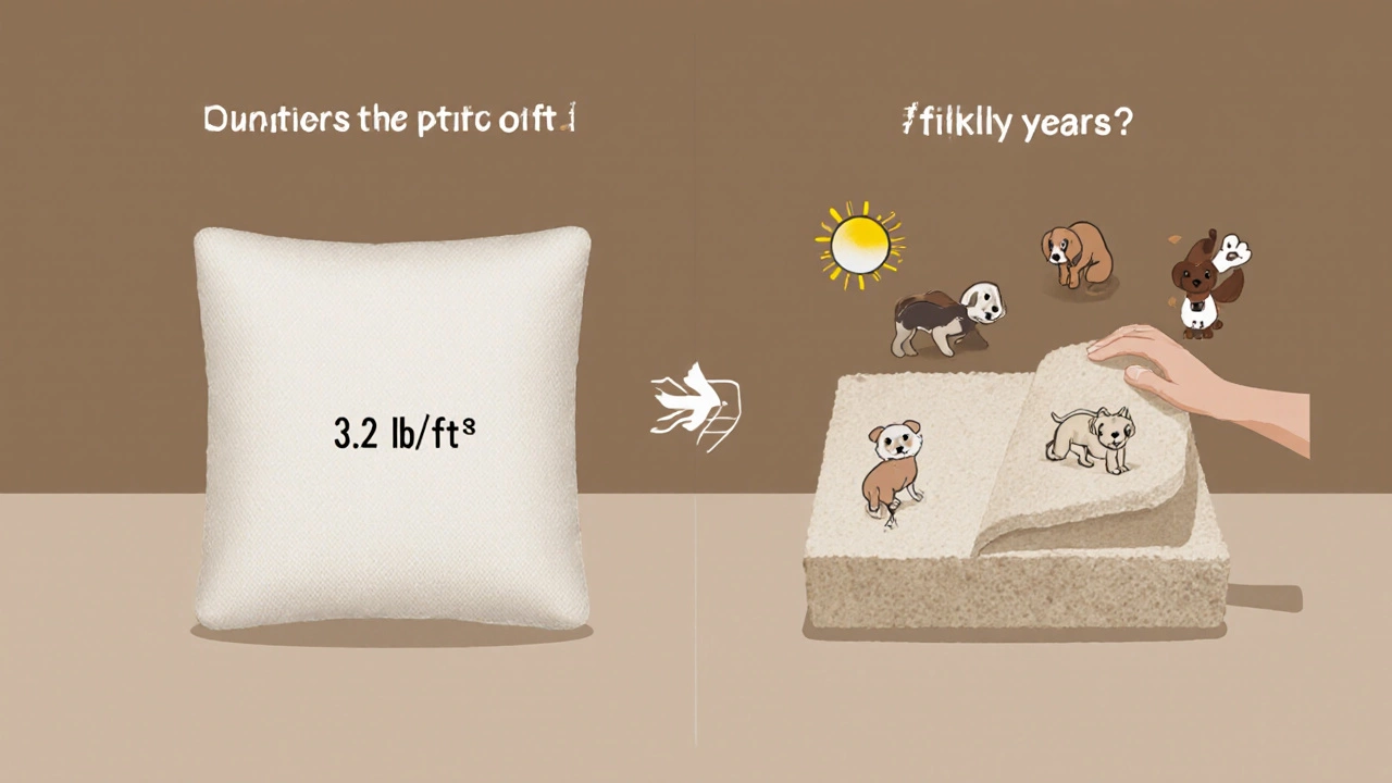 Split image of a durable cushion at start and after 10 years of use, with care icons.