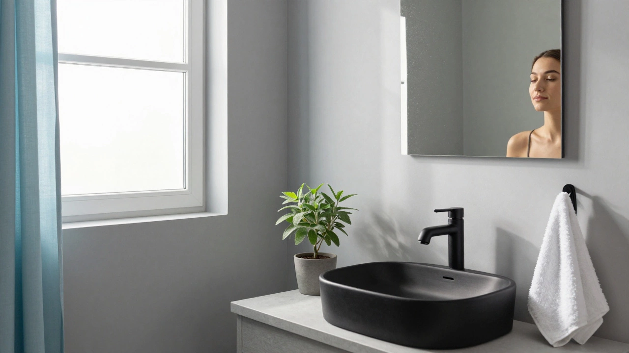 A calm modern bathroom with soft gray walls and natural light enhancing a peaceful atmosphere.