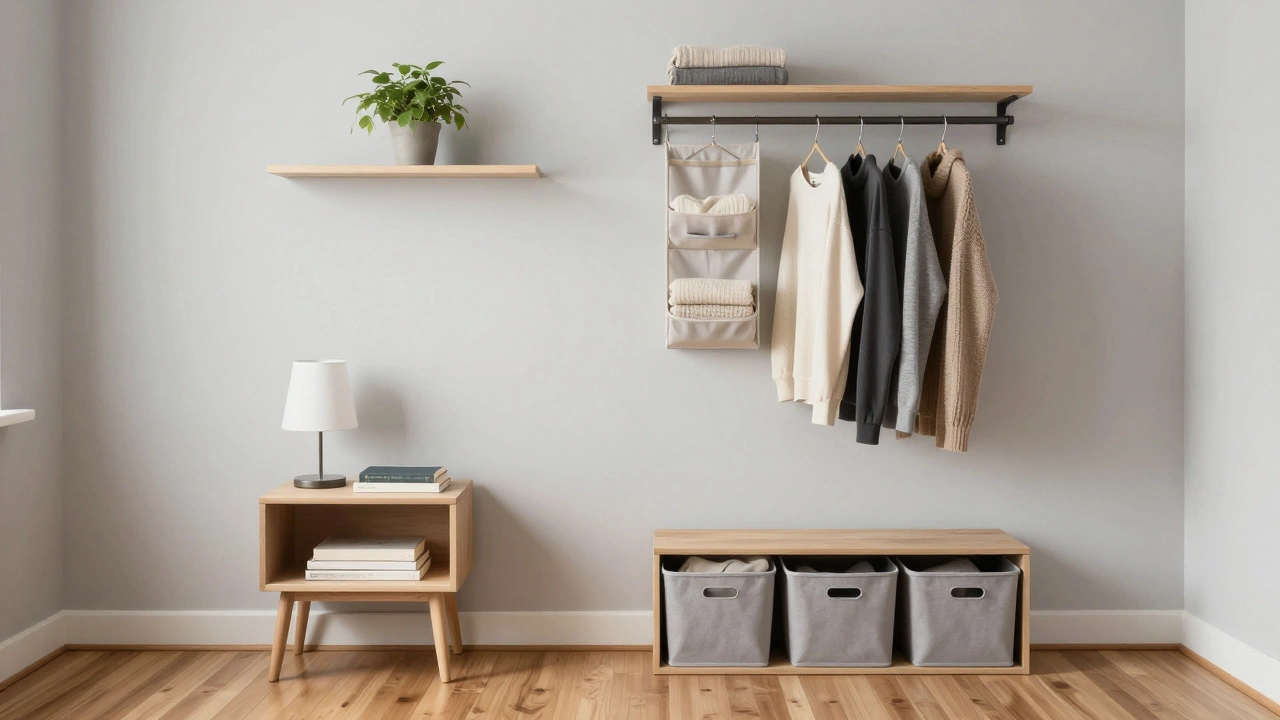 A calm, organized bedroom with minimal decor, clean floors, and hidden storage.