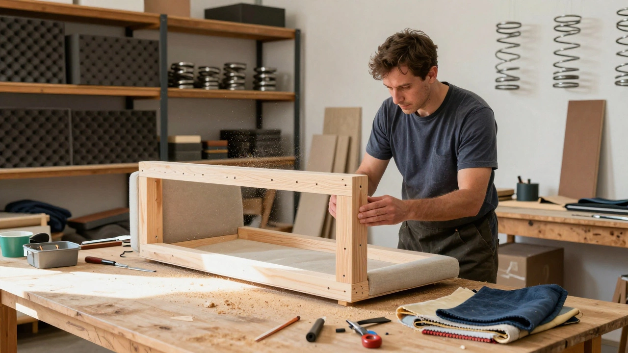 A craftsman examining a sofa&#039;s hand-tied springs and hardwood frame in a workshop filled with natural light and tools.
