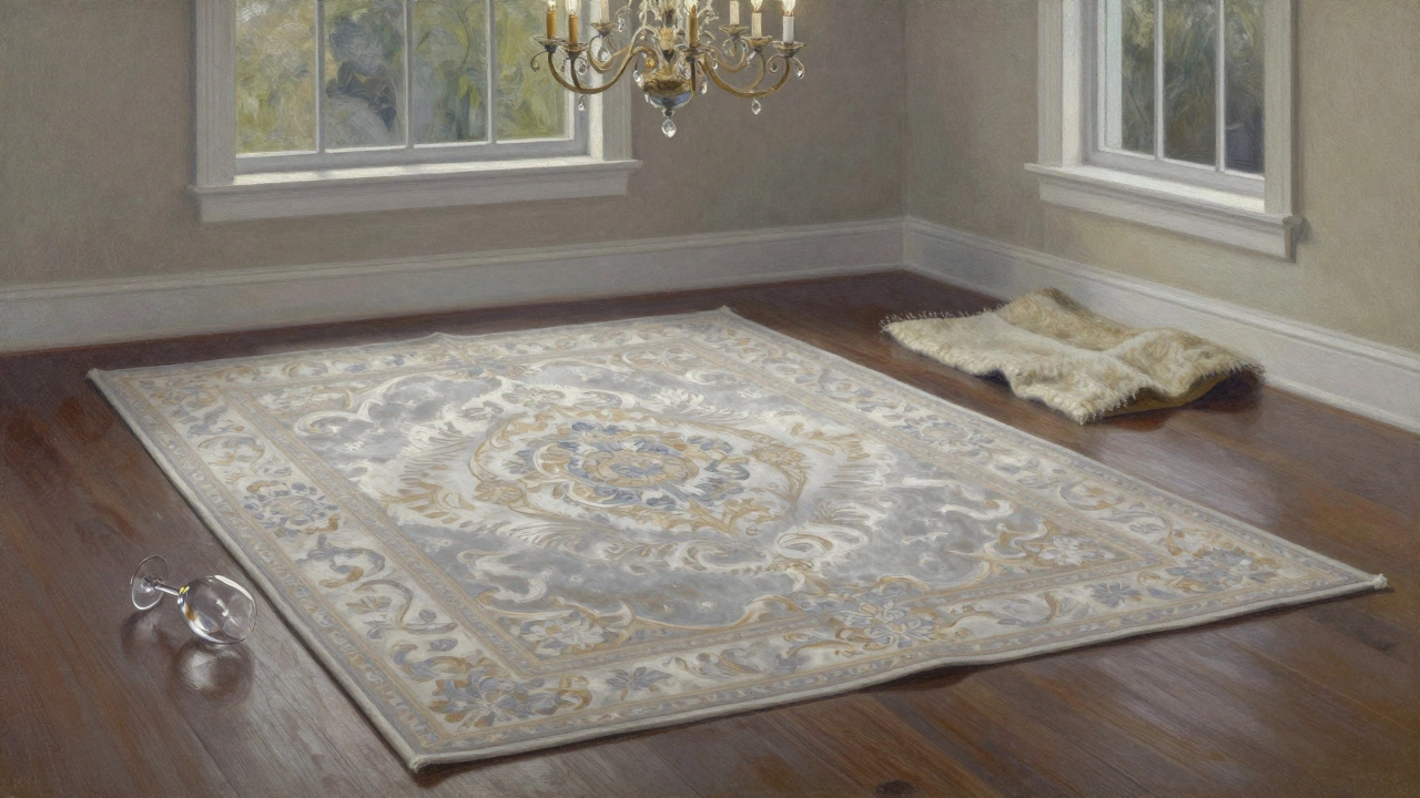 A delicate silk rug in a formal dining room, shimmering under chandelier light, placed away from high traffic.