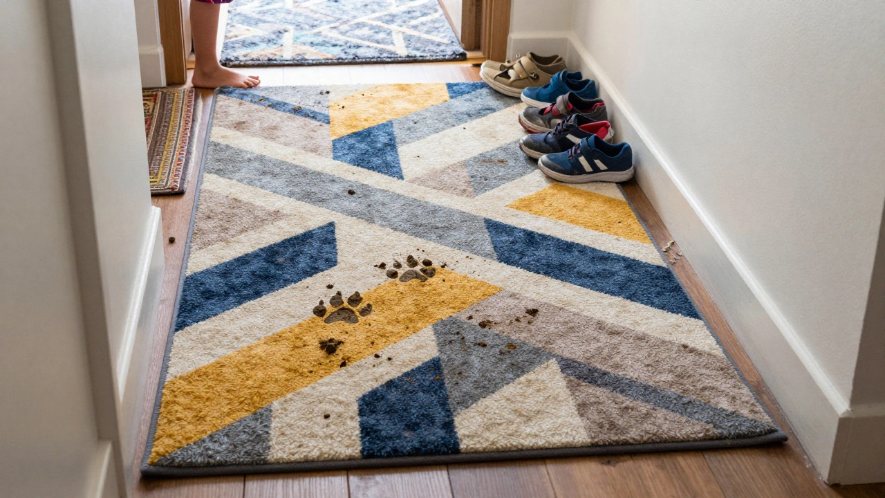 A durable nylon rug in a busy hallway with pet prints, contrasting with a worn-out synthetic rug.