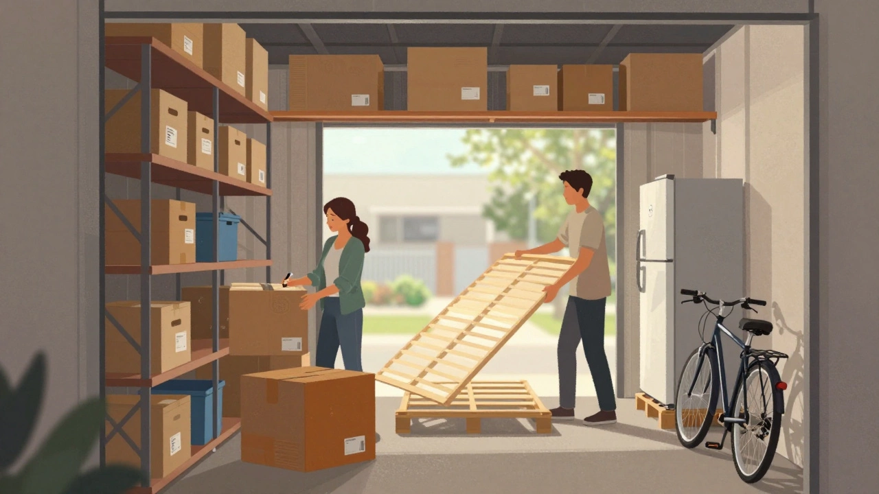 A family packing a storage unit with labeled boxes, a disassembled bed, and appliances on pallets.