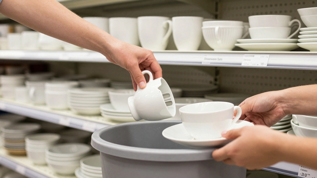 A hand replacing a broken teacup with a new stoneware dinnerware set in a retail store setting.