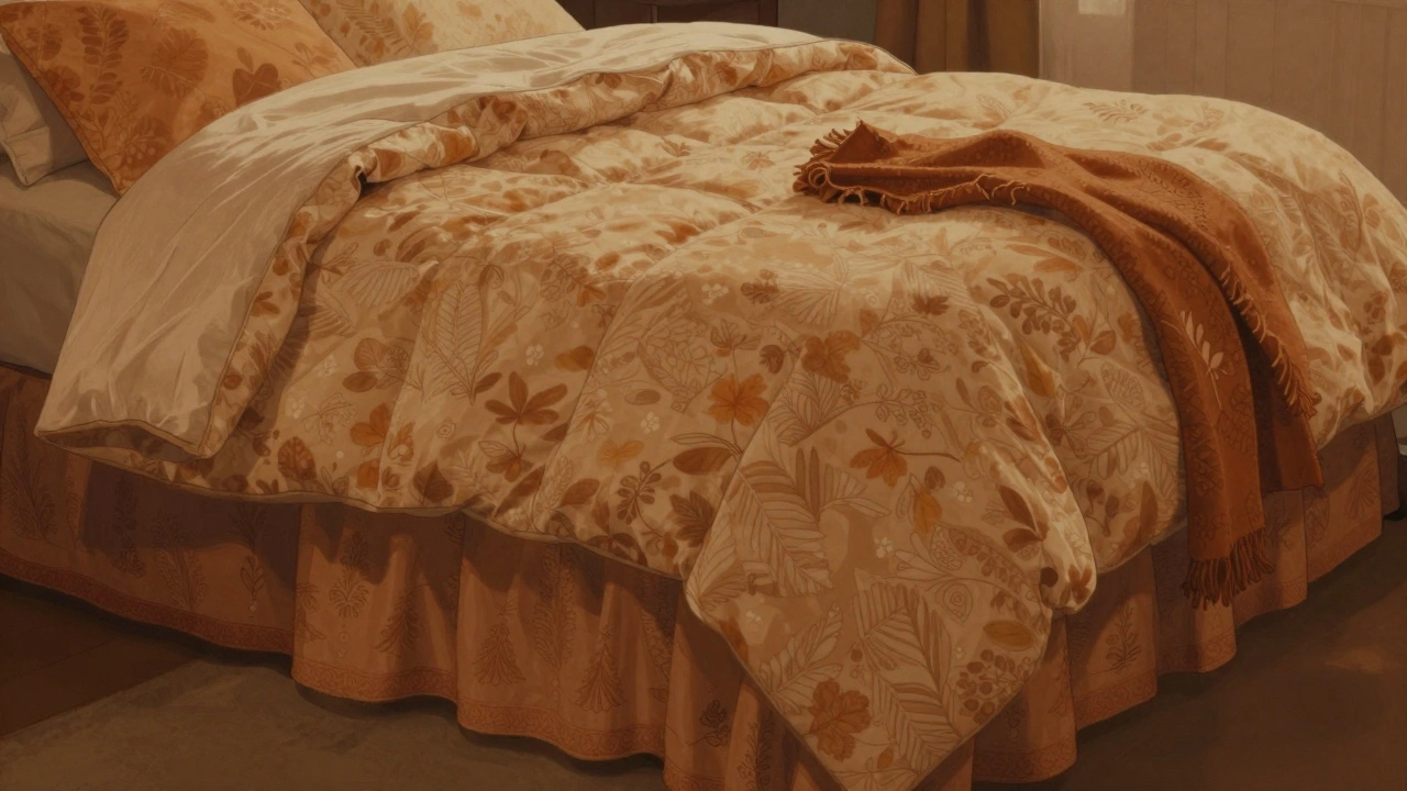 A layered bed with a duvet cover, flat sheet, and decorative throw blanket, showing the full bedding system in warm tones.