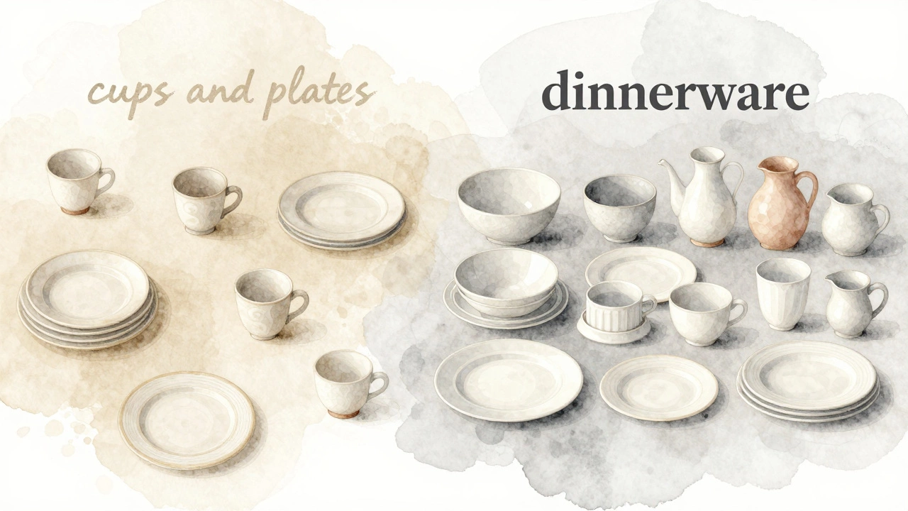 A visual comparison showing scattered cups and plates versus a unified dinnerware set in a soft watercolor style.