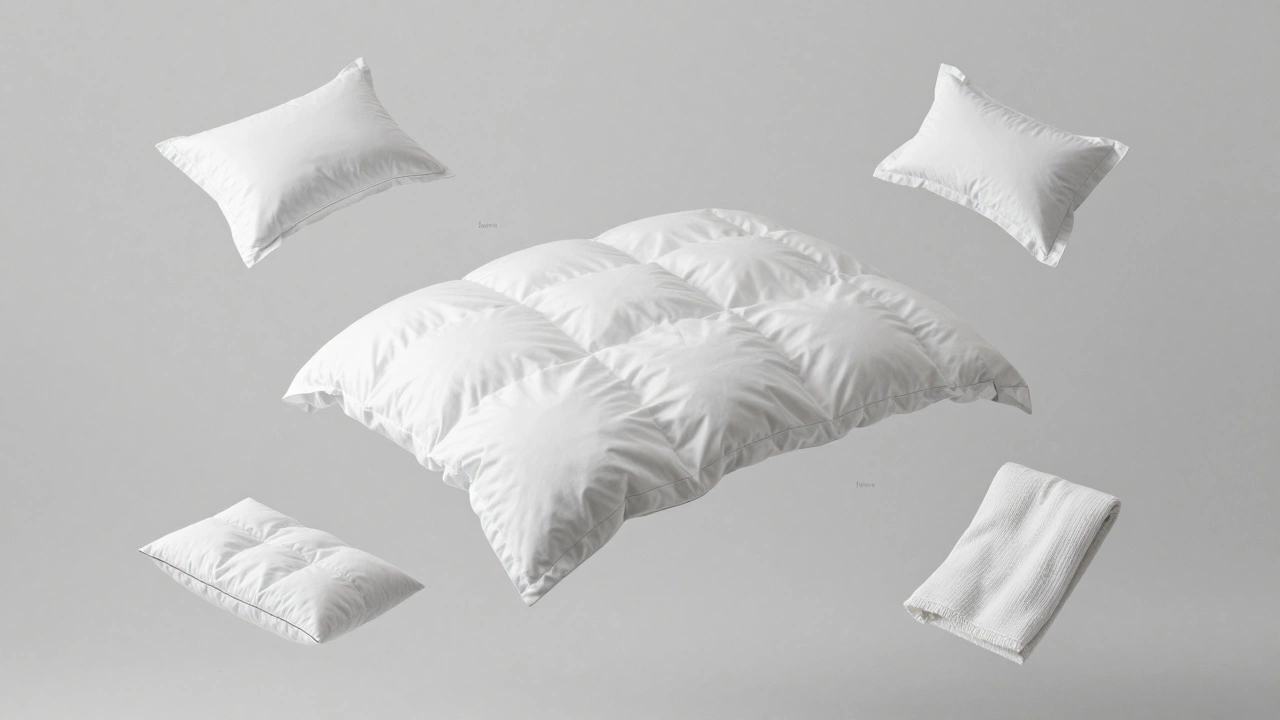 A white duvet cover floating with smaller bedding elements around it, representing the components of a complete sleep setup.