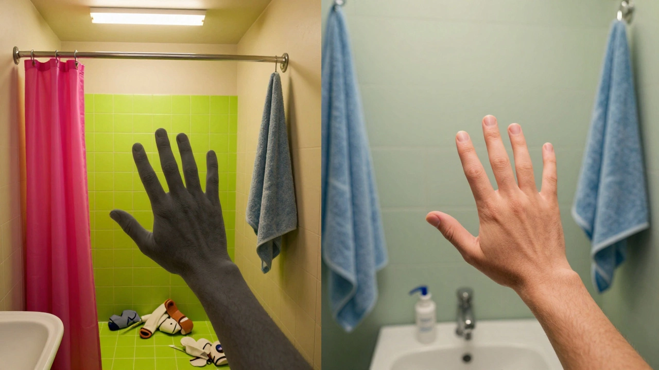 Before and after: chaotic neon-pink bathroom versus serene sage-toned renovation.