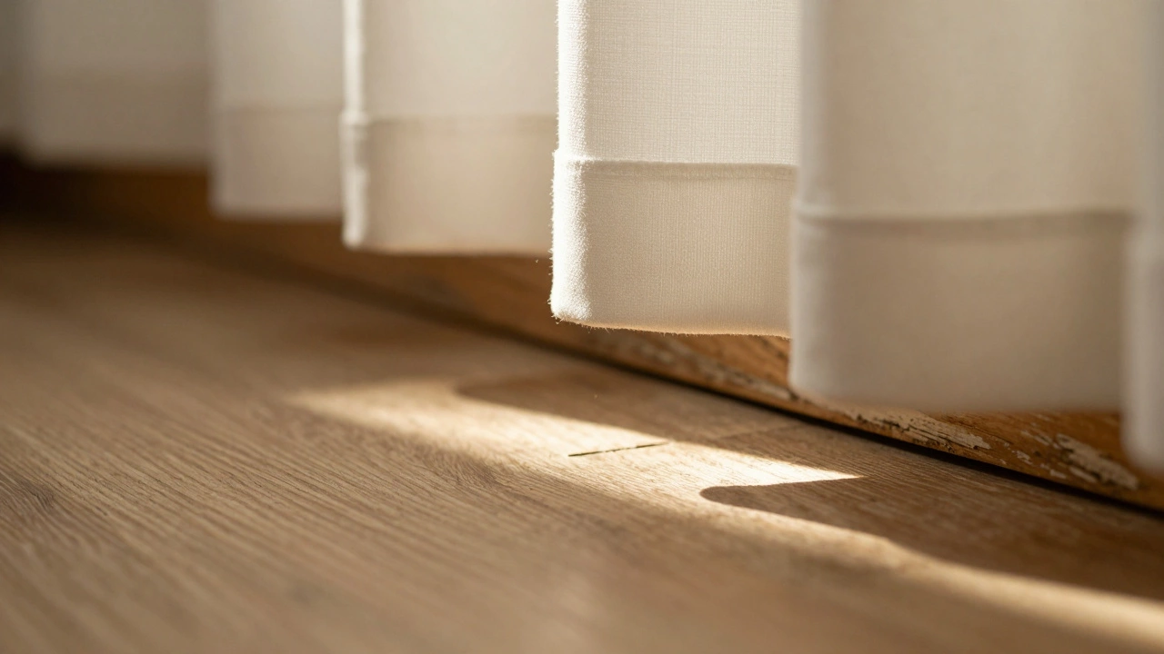 Close-up of curtain hem hovering 2 inches above a wooden baseboard with soft sunlight highlighting the gap.