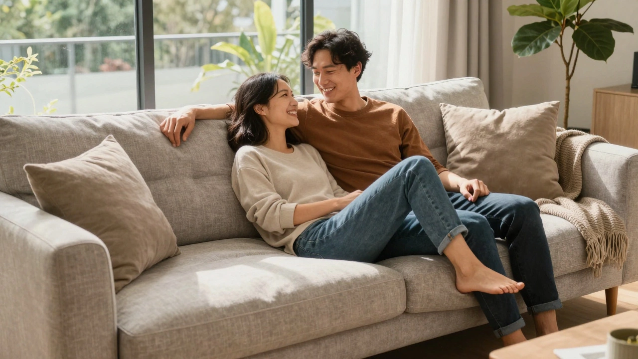Couple relaxing on a plump, newly refilled sofa in a bright, cozy living room.