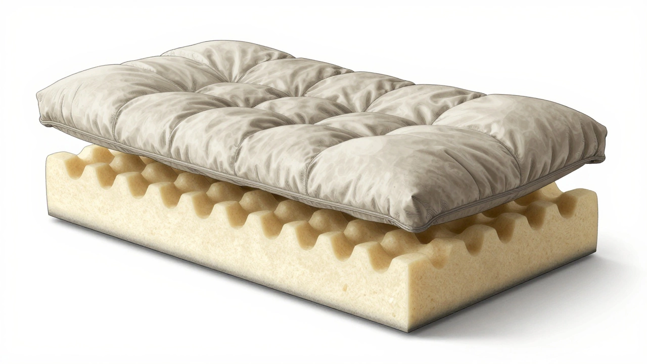 Cross-section diagram of a three-layer sofa cushion: dense foam, egg-crate foam, and down blend.