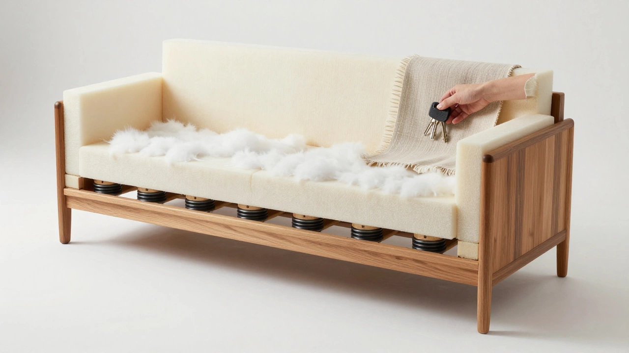 Cross-section of a durable sofa showing hardwood frame, hand-tied springs, and high-density foam cushions.