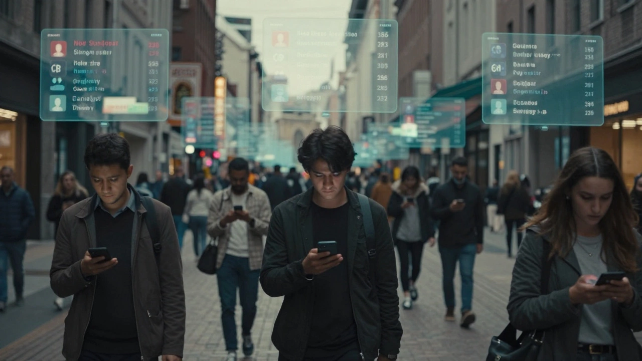 Crowd walking in silence, each absorbed in their floating social ratings.