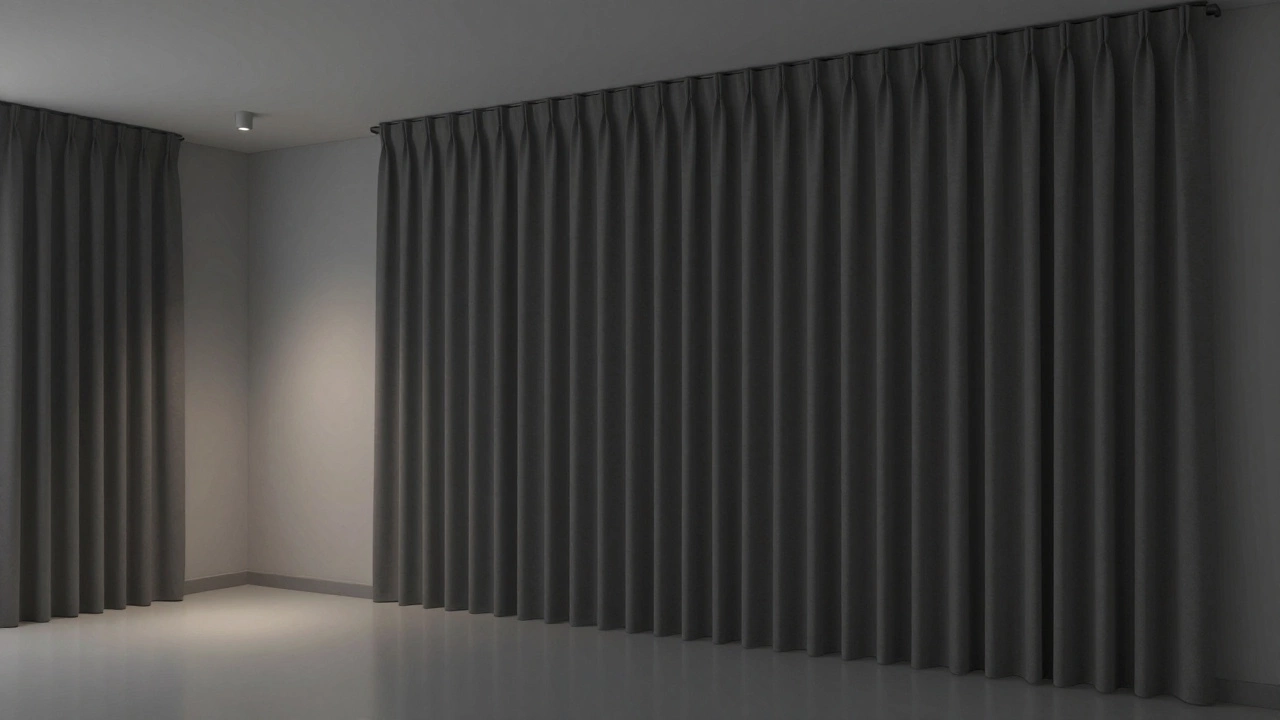 Dark curtains extending from ceiling to just above a matching baseboard, creating a seamless vertical line.