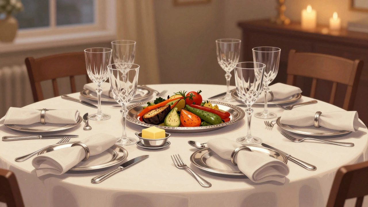 Formal dining table with crystal glasses, silverware, and serving platter under warm lighting.