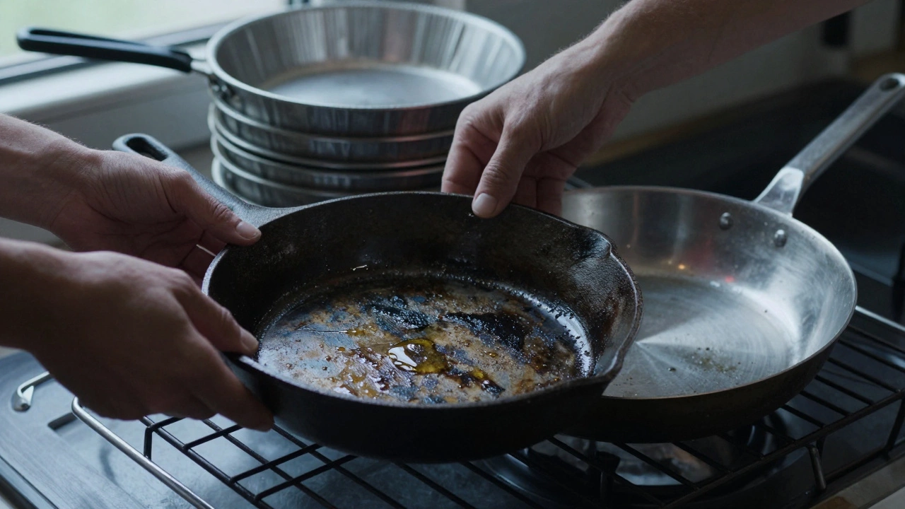 Hands placing a well-used cast iron skillet next to a new stainless steel pan, with discarded cheap cookware in the background.