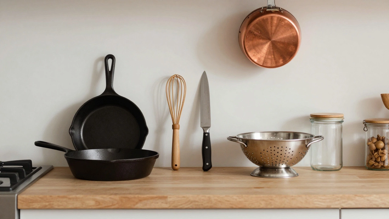 Organized collection of kitchen utensils and cookware on open wooden shelves.