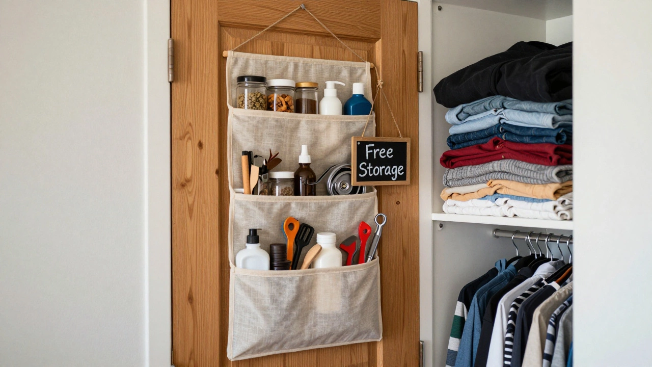 Over-the-door organizer filled with household items beside a neatly folded closet.