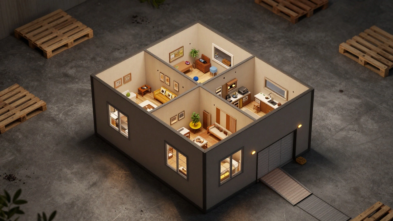 Overhead view of a miniature home's contents neatly arranged within a 10x20 storage unit space.