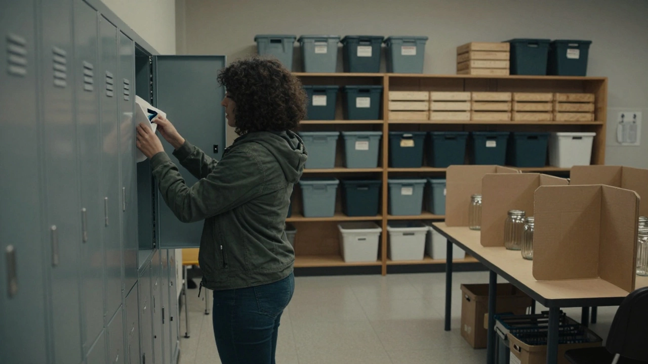 Person retrieving items from a free library locker with repurposed storage bins nearby.