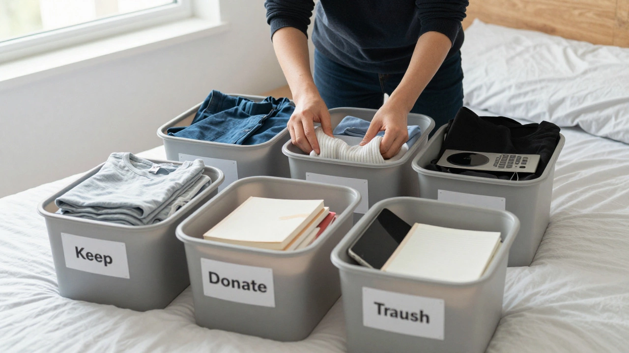 Someone sorting items into four labeled bins on a bed during a decluttering session.