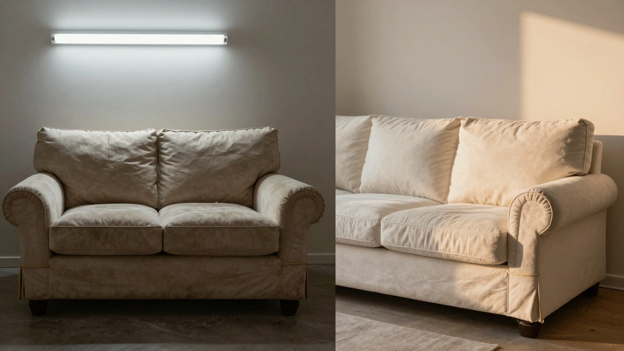 Split image comparing a sagging cheap sofa on the left to a durable premium sofa on the right, highlighting construction quality.