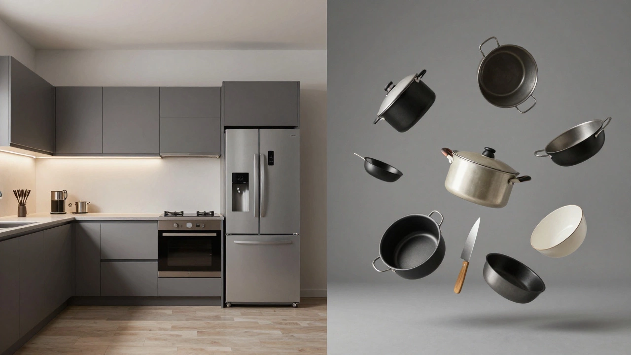 Split image showing fixed kitchen elements versus floating portable kitchen tools.