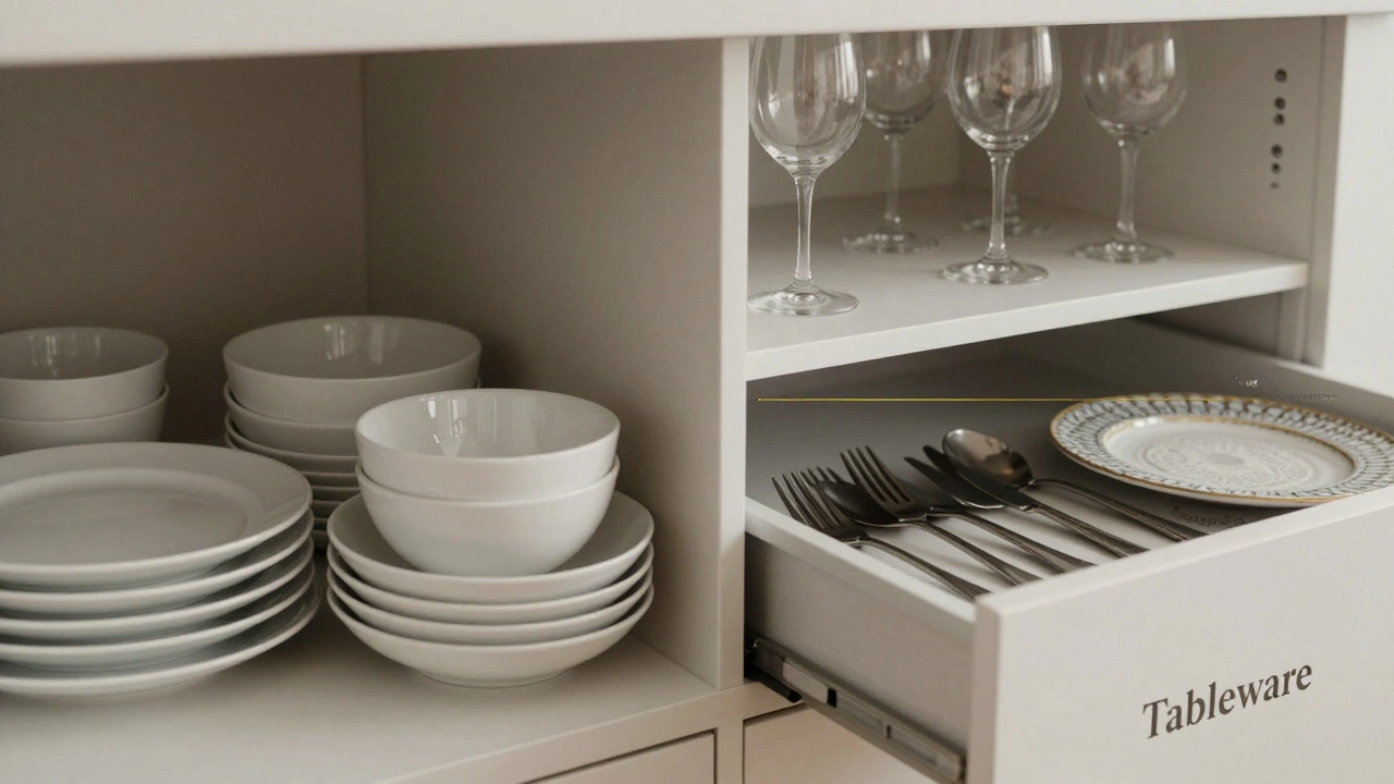 Split view: dinnerware in cabinet on left, tableware in drawer and shelf on right.