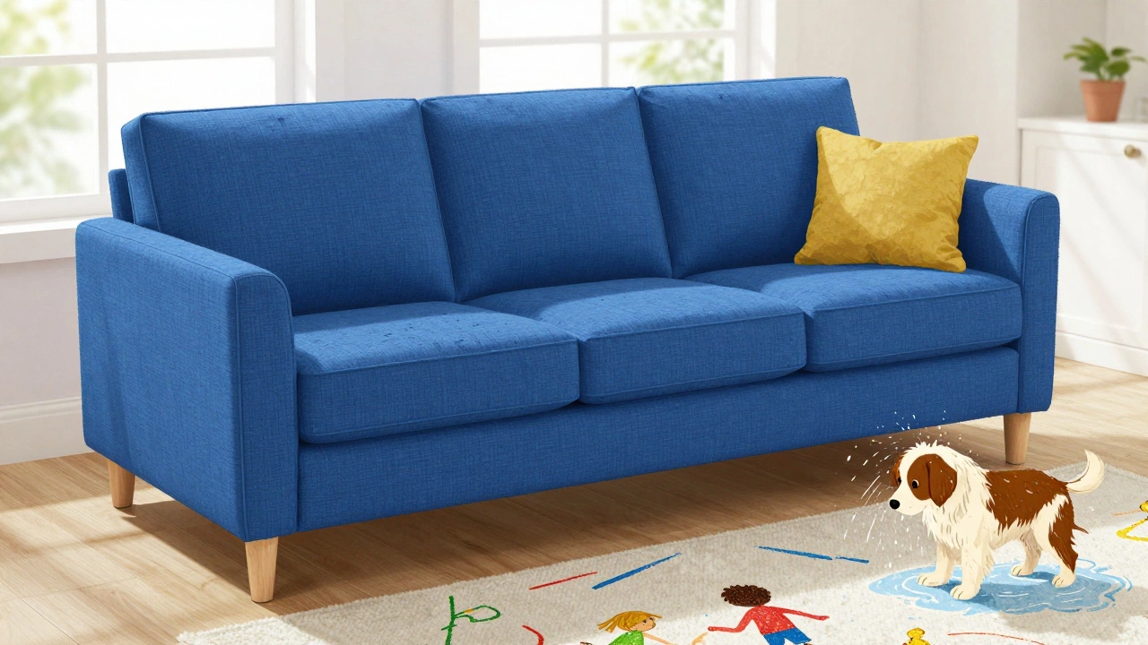 Vibrant performance fabric sofa in a lively home, kids and pet nearby, no visible stains or wear.