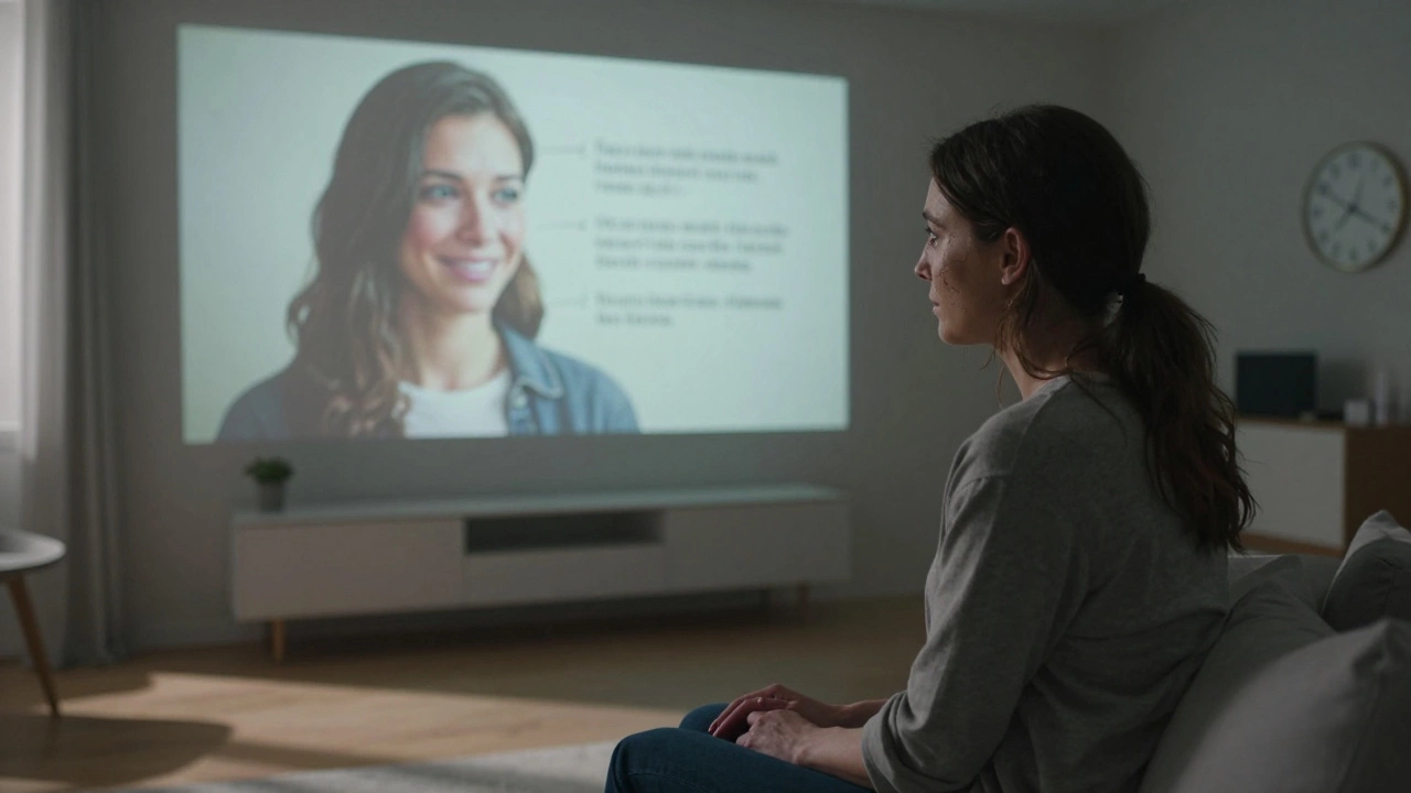 Woman facing an AI clone of her dead partner in an empty room.
