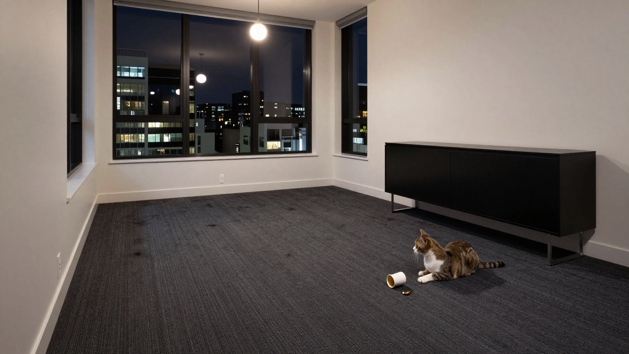 A dark charcoal carpet in a bright urban apartment with metallic accents and a cat resting on the floor.