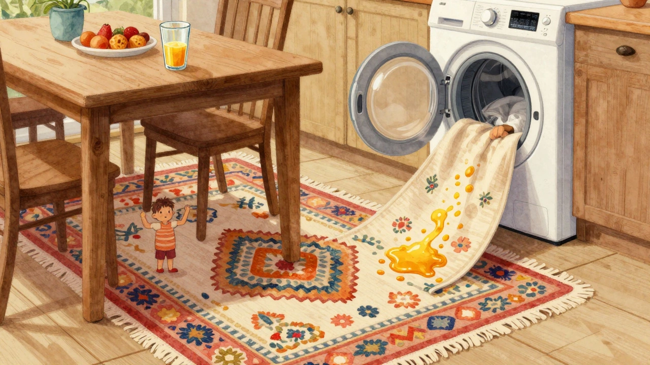 A flatweave rug being washed in a machine while juice spills nearby in a cozy kitchen.