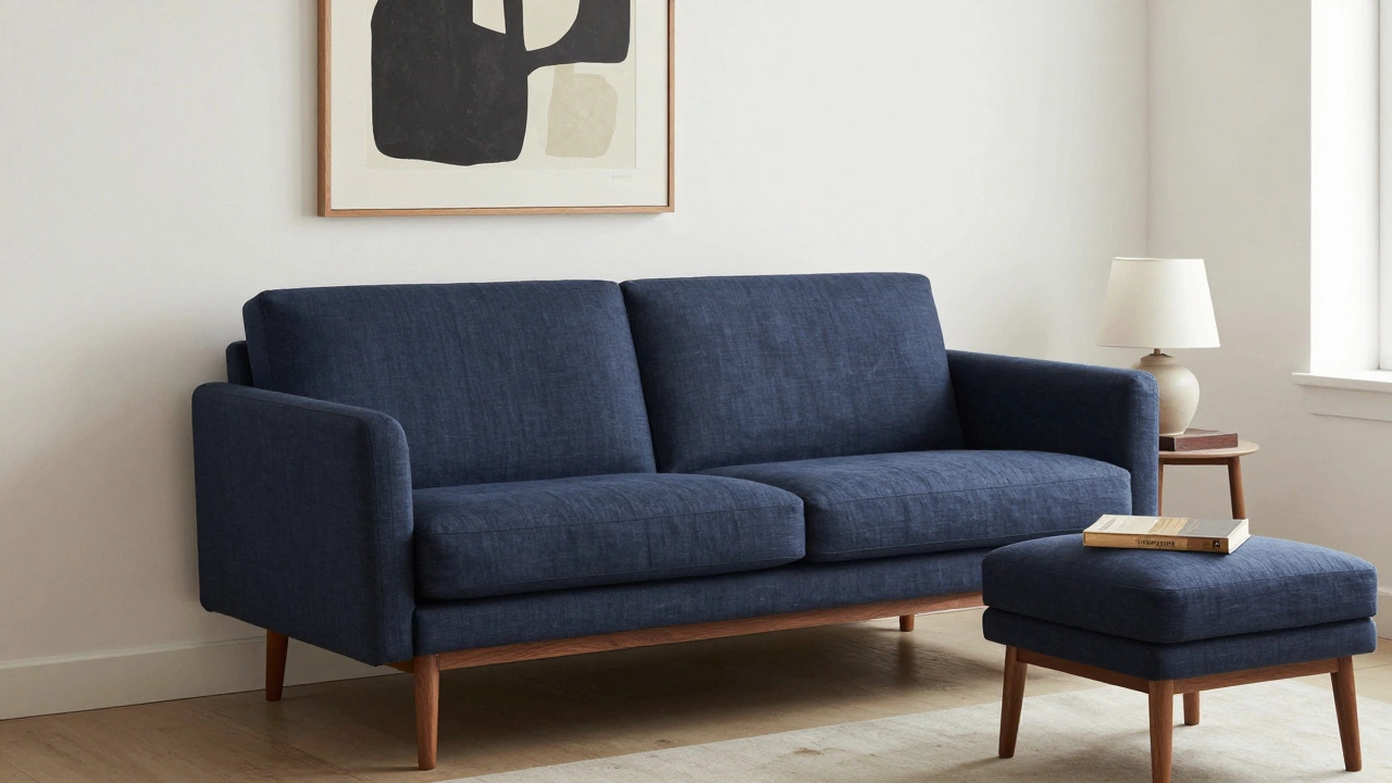 A mid-century modern sofa with walnut legs and navy fabric in a minimalist apartment corner.