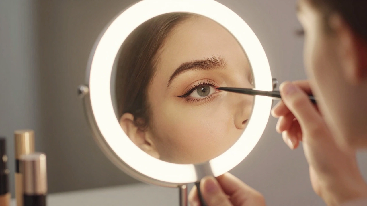 Close-up of hands using a magnifying concave mirror for precise eyeliner application under LED lighting.