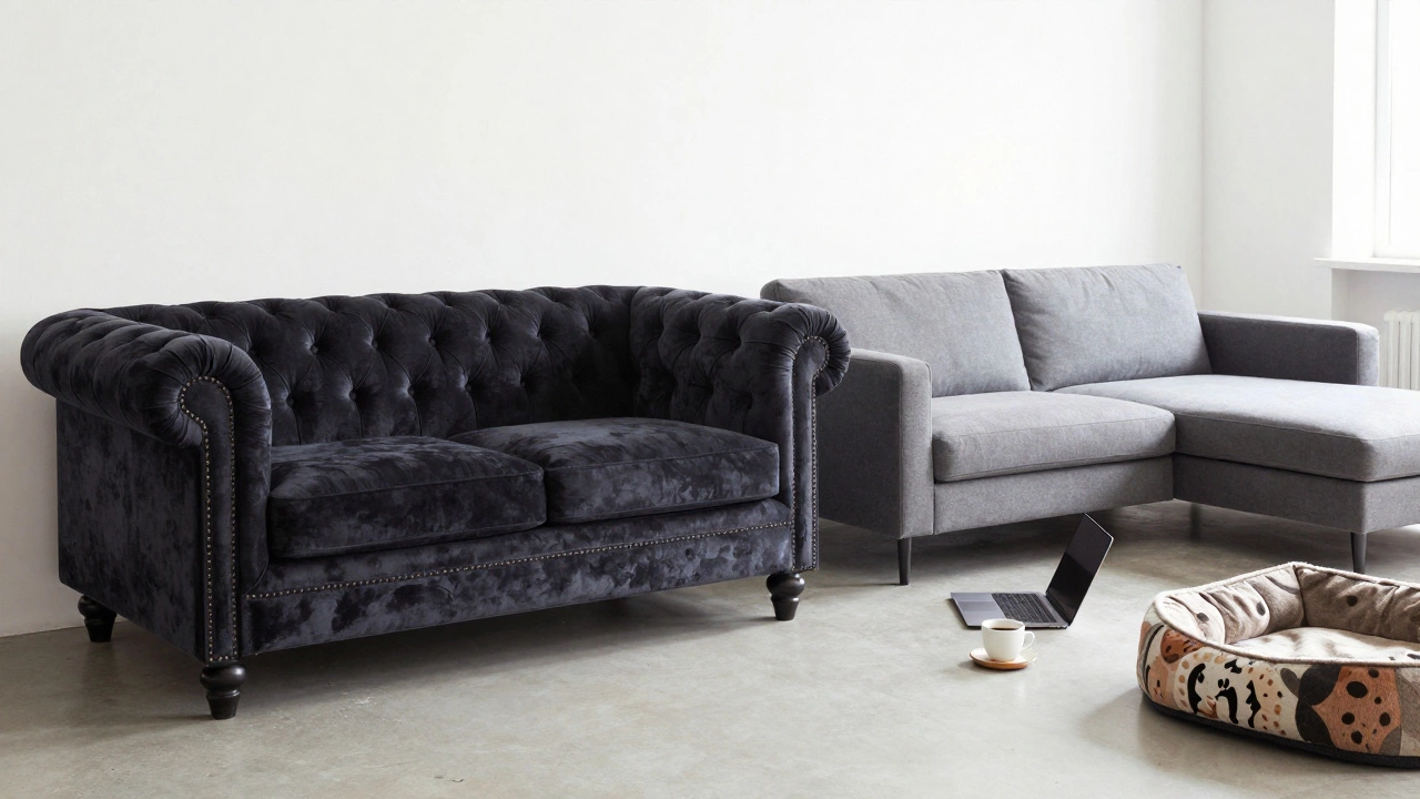 Contrast between a traditional Chesterfield sofa and a modern sectional in a bright showroom.