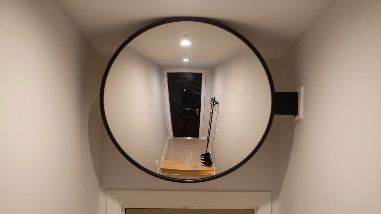 Convex mirror above a hallway reflecting a wide view of the entrance and stairs for safety monitoring.
