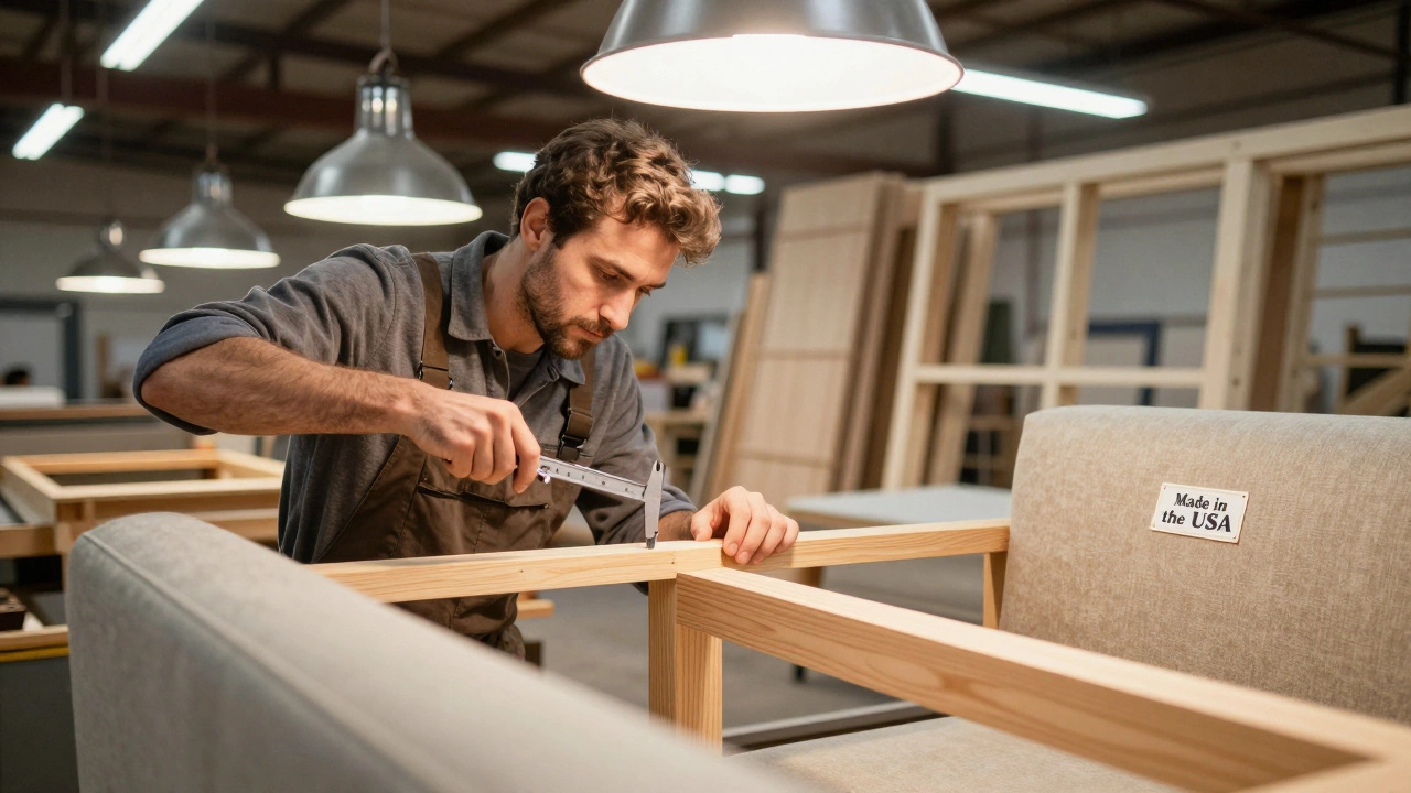 Factory technician inspecting a Thomasville sofa frame with a 'Made in the USA' tag in the background.