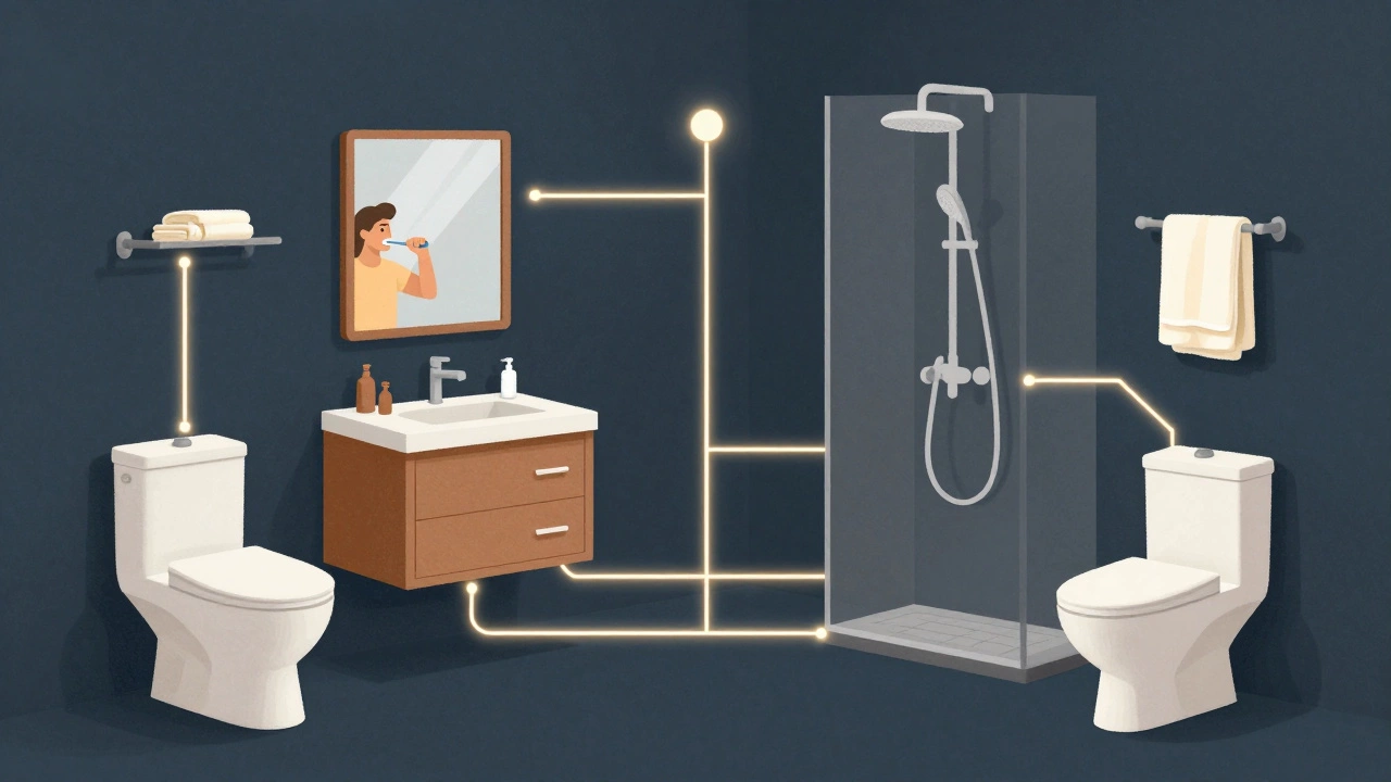 Five essential bathroom elements connected by functional lines in a minimalist conceptual design.