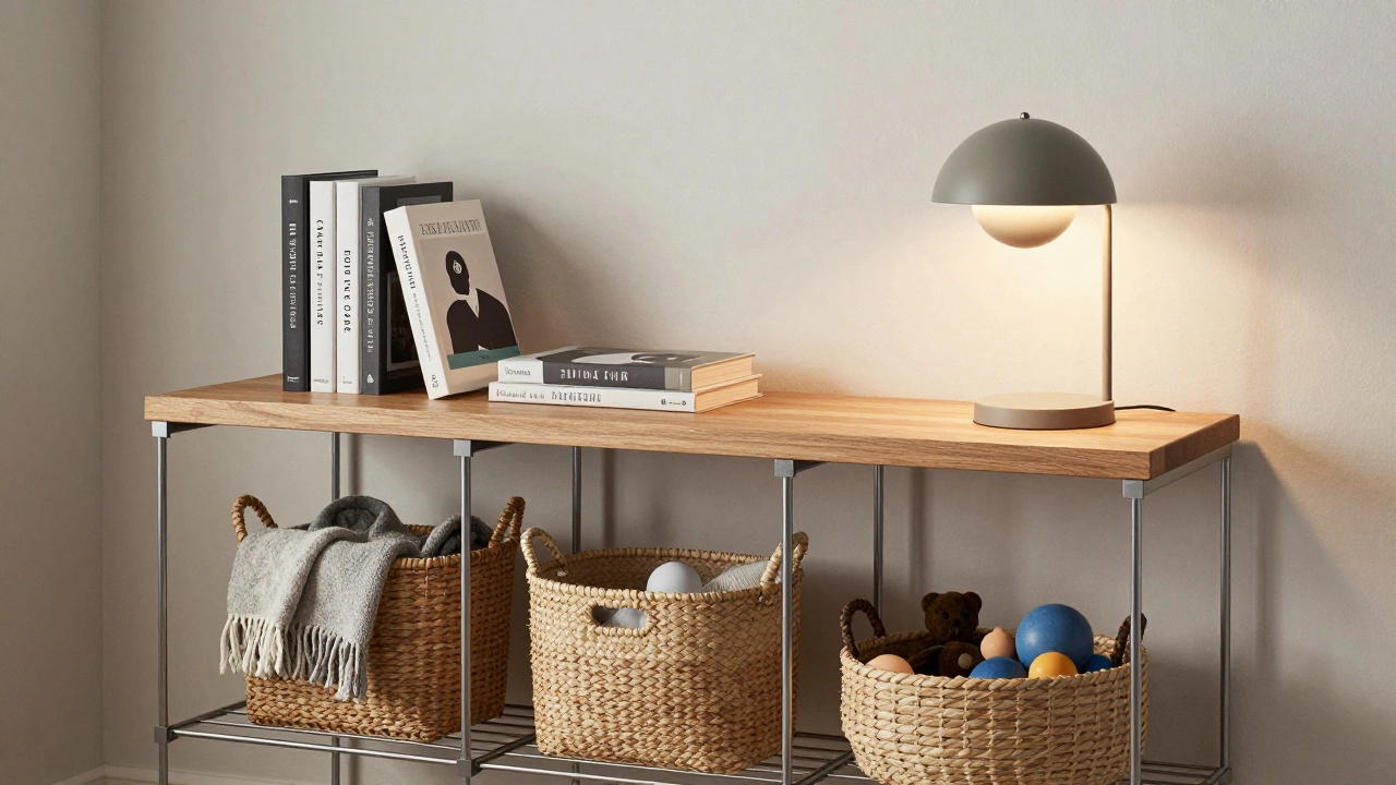 Hybrid shelf with wood top and wire lower shelves in a living room.